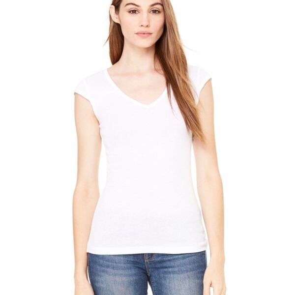 Women's Cap Sleeve Sheer Mini Rib V-neck Tee Thumbnail